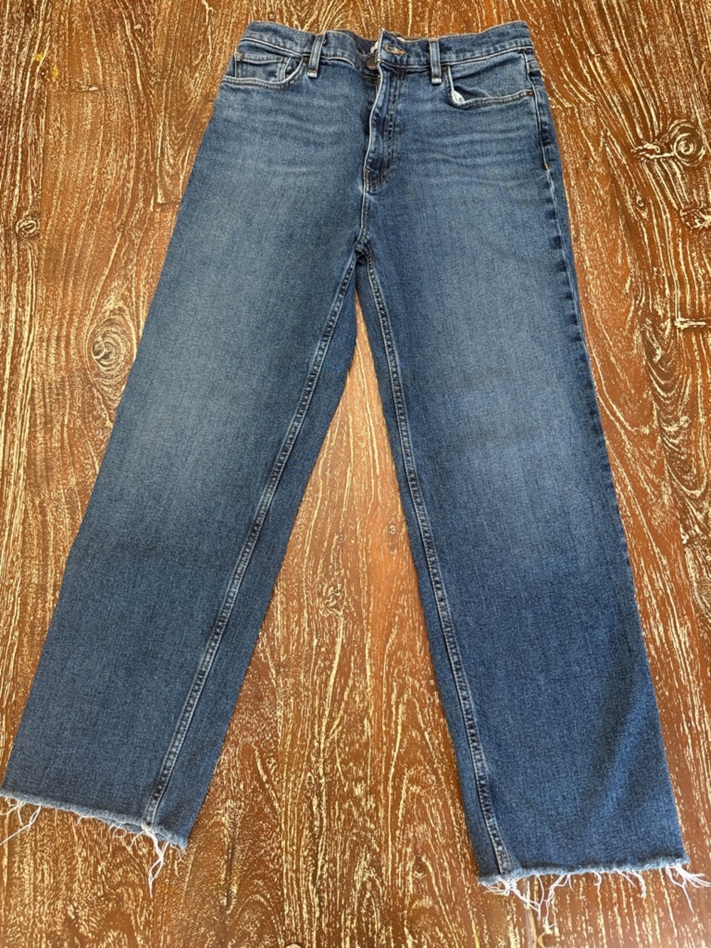 Hudson Jeans Men's Straight Leg Denim in Medium Blue with Frayed Hem